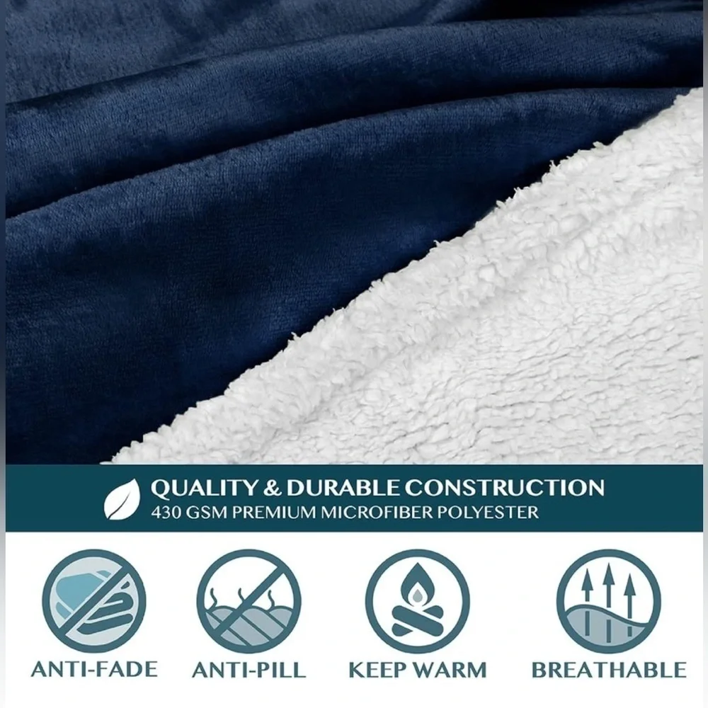 PAVILIA Premium Fleece Blanket with Sleeves, Navy Blue